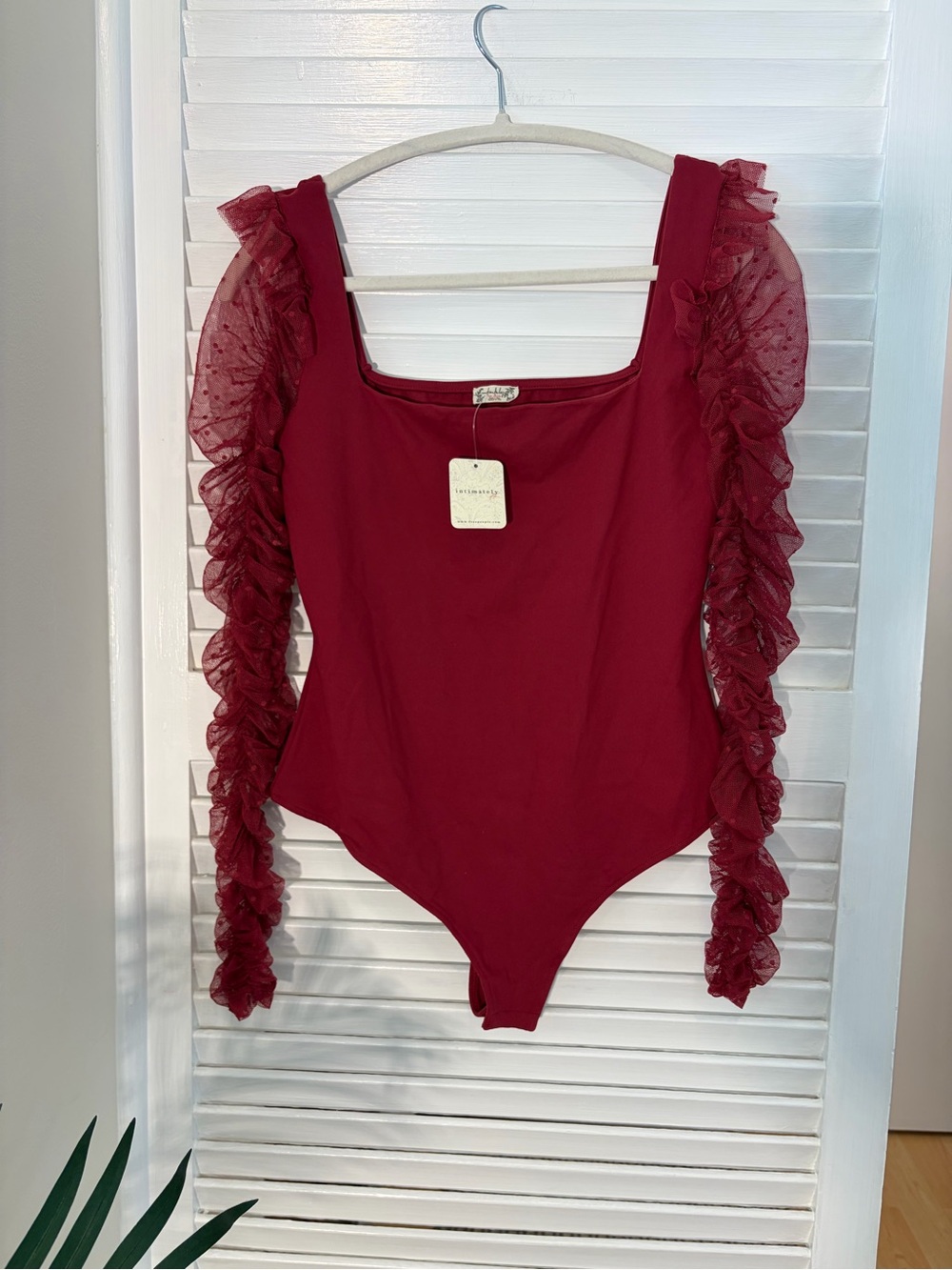 Free People Burgundy Ruffle Sleeve Bodysuit